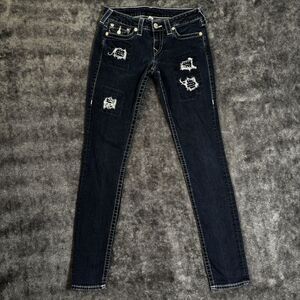 True Religion Jeans Swarovski Crystal Patches Women 28x31 Skinny Dark Wash Denim